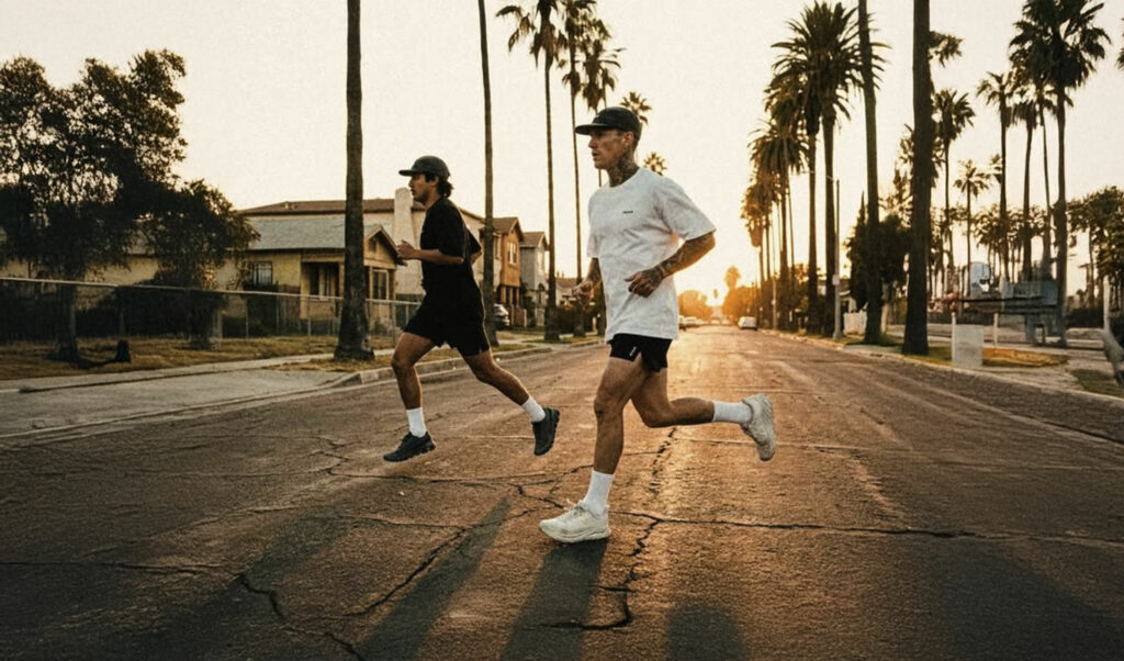 Deux coureurs en tee running noir et blanc dans une rue bordée de palmiers au coucher du soleil